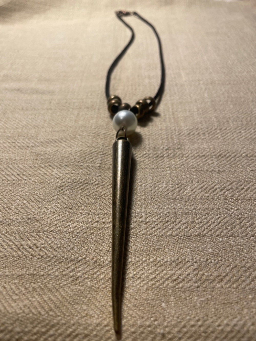Delicate Black Cord Necklace with Pearl and Antique Gold Spike 15.5” - Picture 2 of 5